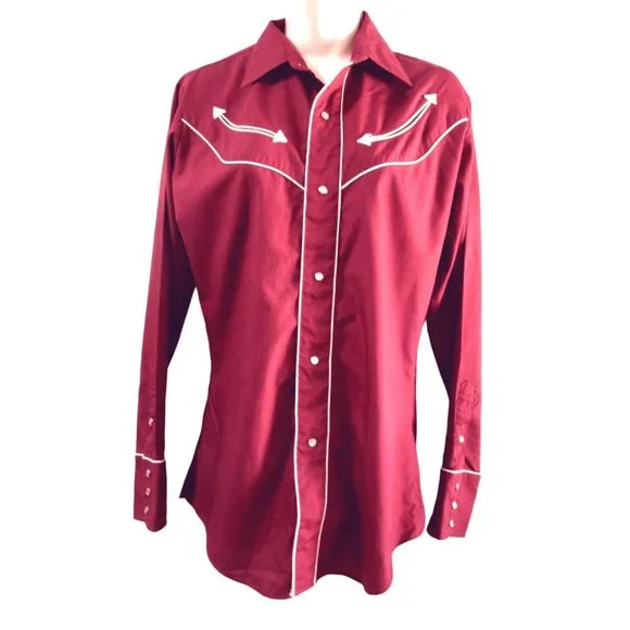 Vintage 70s Levis Pearl Snap Womans S Western Cowboy Rodeo Shirt Maroon White - Picture 4 of 16
